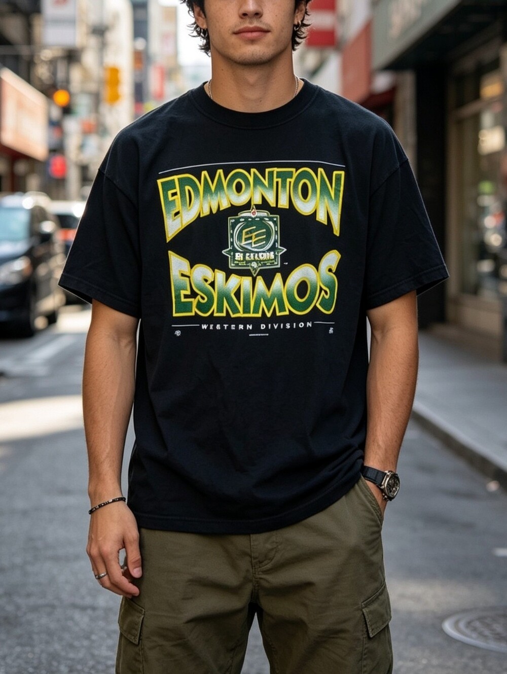 Vintage Edmonton Eskimos CFL 50 Seasons Graphic T-Shirt Black Size Large